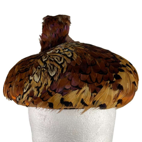 Vintage Pheasant Feather Casque Cap Hat Curly Unique Flapper Style Handmade 40s - Picture 10 of 14